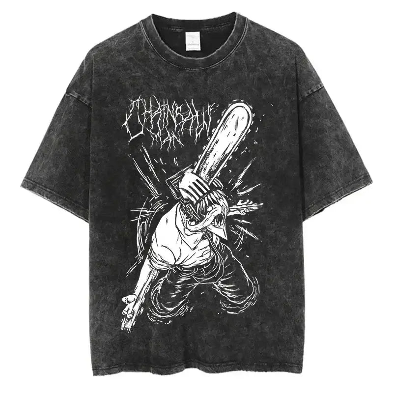 A unisex Chainsaw Man Vintage T-shirt in washed cotton with a Harajuku oversized streetwear fit.