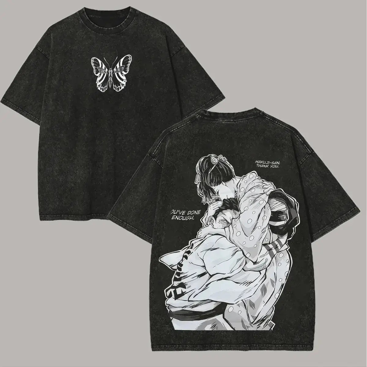 A vintage-style washed Akaza Koyuki T-shirt featuring a romantic manga graphic of Hakuji and Koyuki, oversized cotton streetwear.