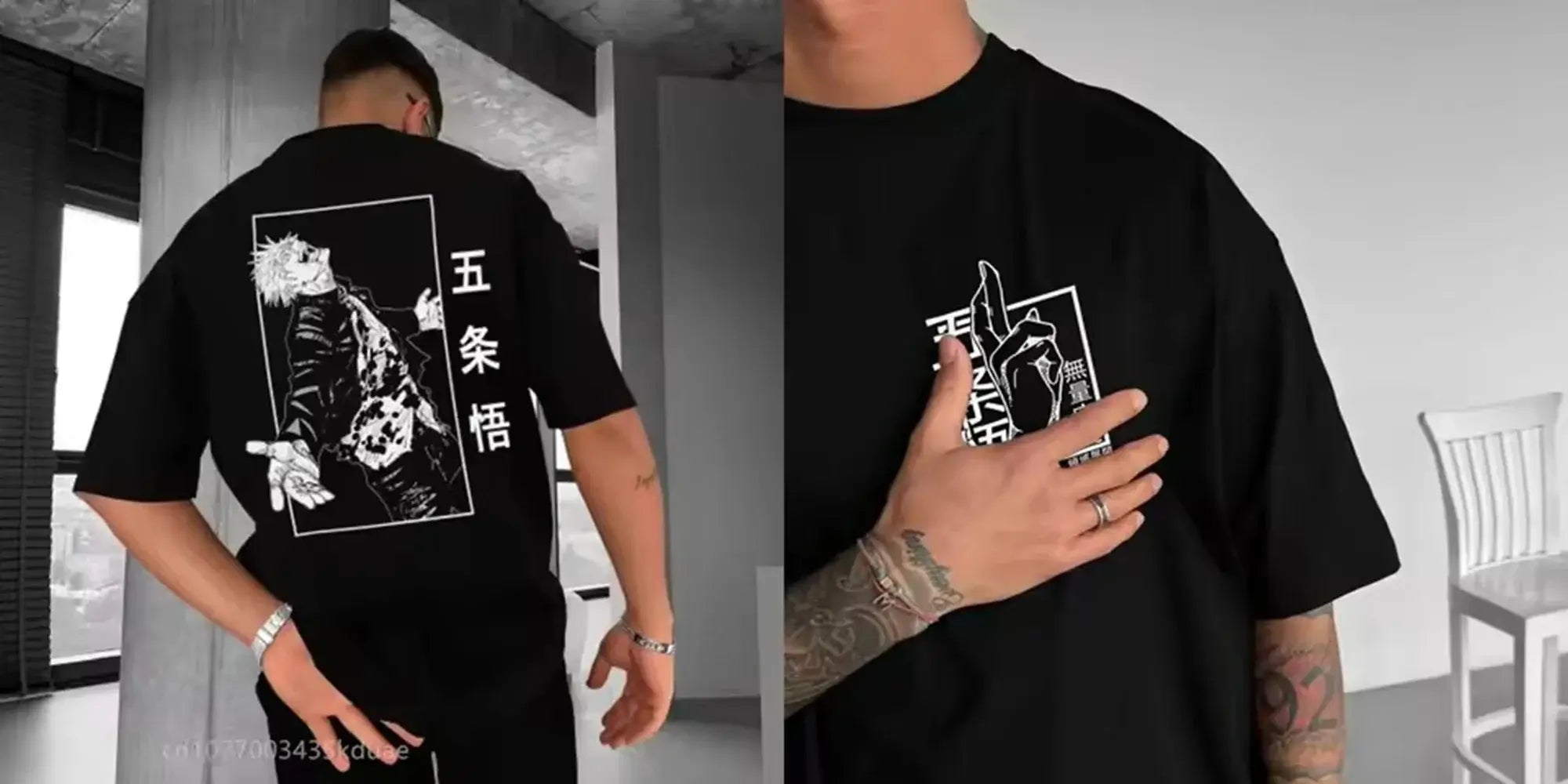 A black Jujutsu Kaisen T-Shirt for men featuring a high-definition anime graphic print, styled for casual streetwear.