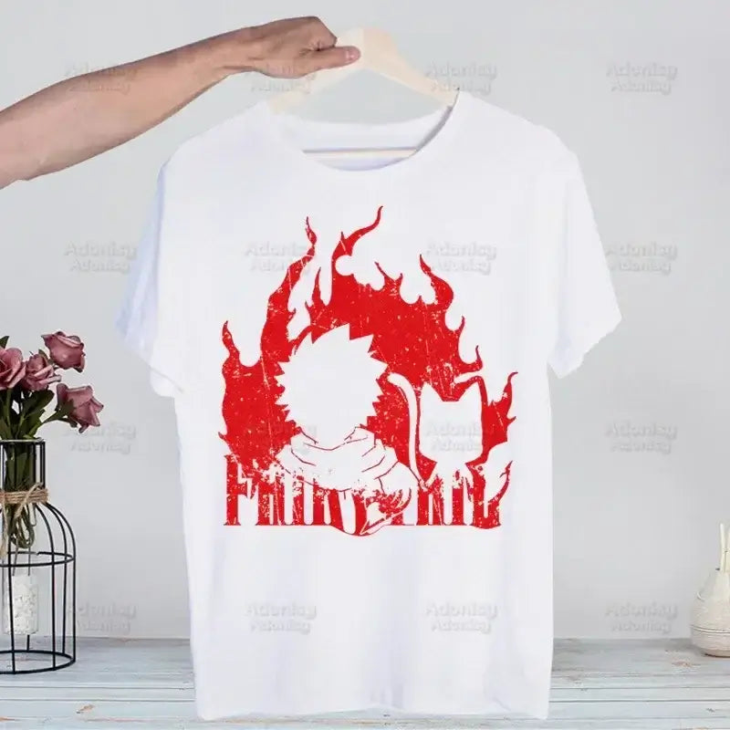 A hip hop style Fairy Tail T-shirt made of cotton featuring anime characters Natsu Dragneel and Lucy Heartfilia.