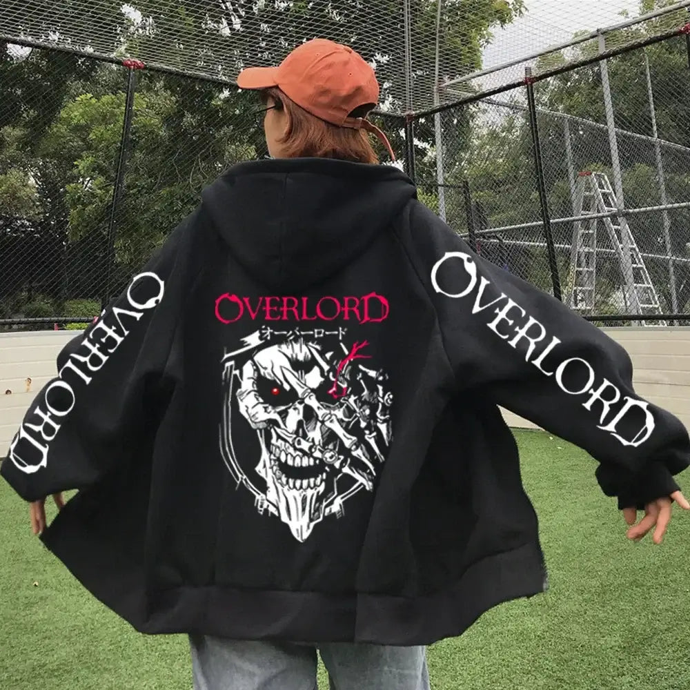 A unisex Overlord Cosplay Horror Skull Hoodie with a zip-up front, designed as Harajuku sportswear.