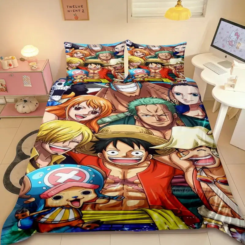 A comfortable Duvet Cover One Piece cartoon bedding set, showing the Straw Hat Pirates, an ideal holiday gift for friends and children.