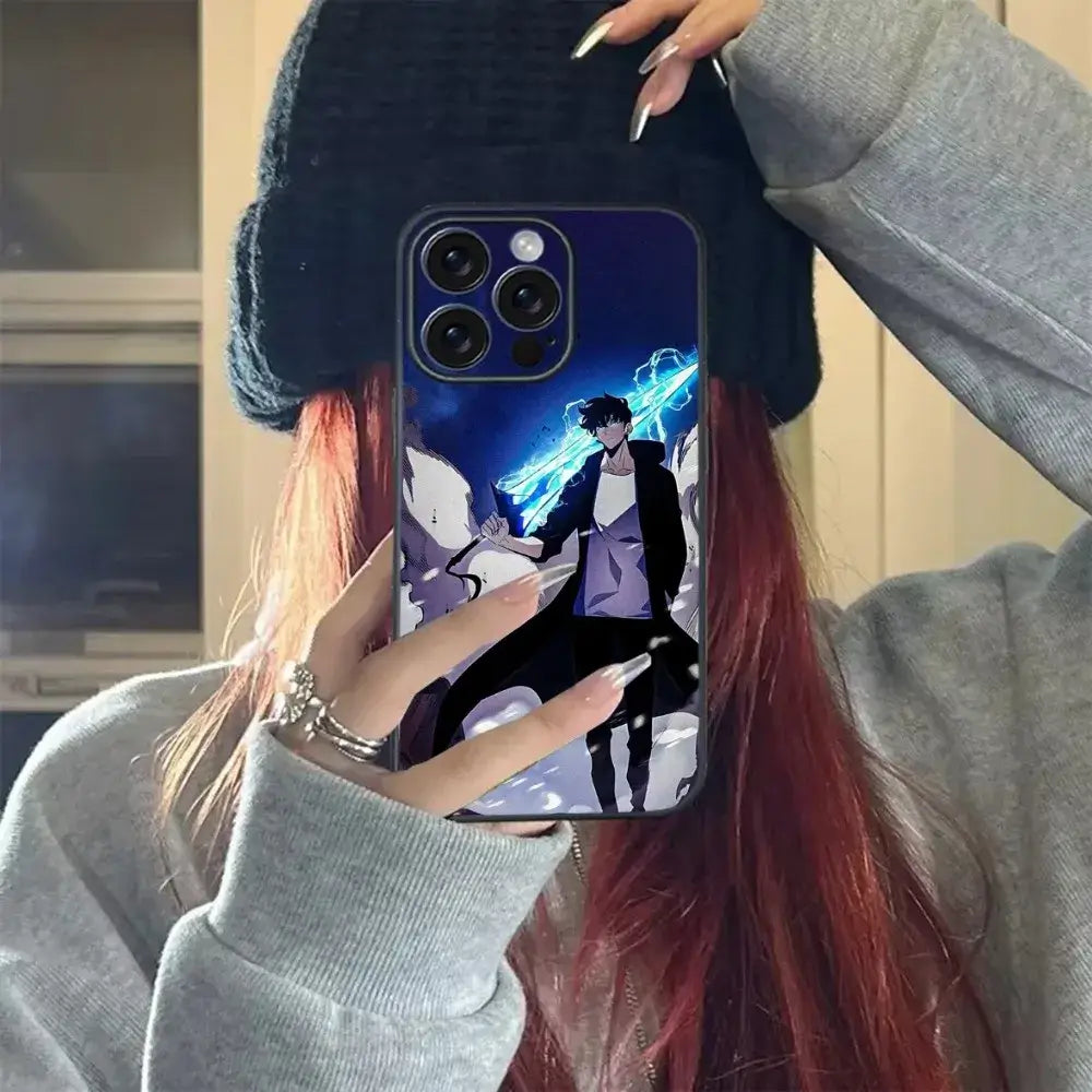A soft TPU Solo Leveling Phone Case featuring Sung Jinwoo anime art, compatible with Apple iPhone 16, 15, and 14 Pro Max.