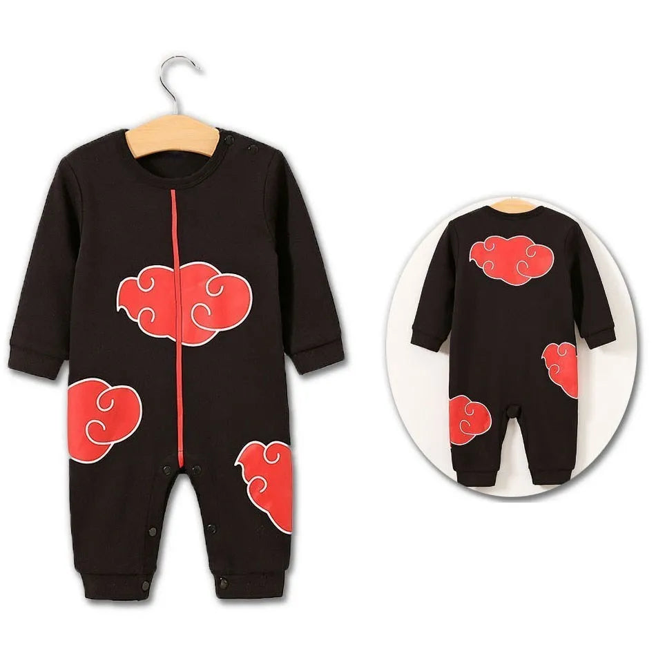 A newborn infant wearing one of the Anime Baby Rompers, a cosplay costume available in Akatsuki, Nezuko, and Tanjirou styles.