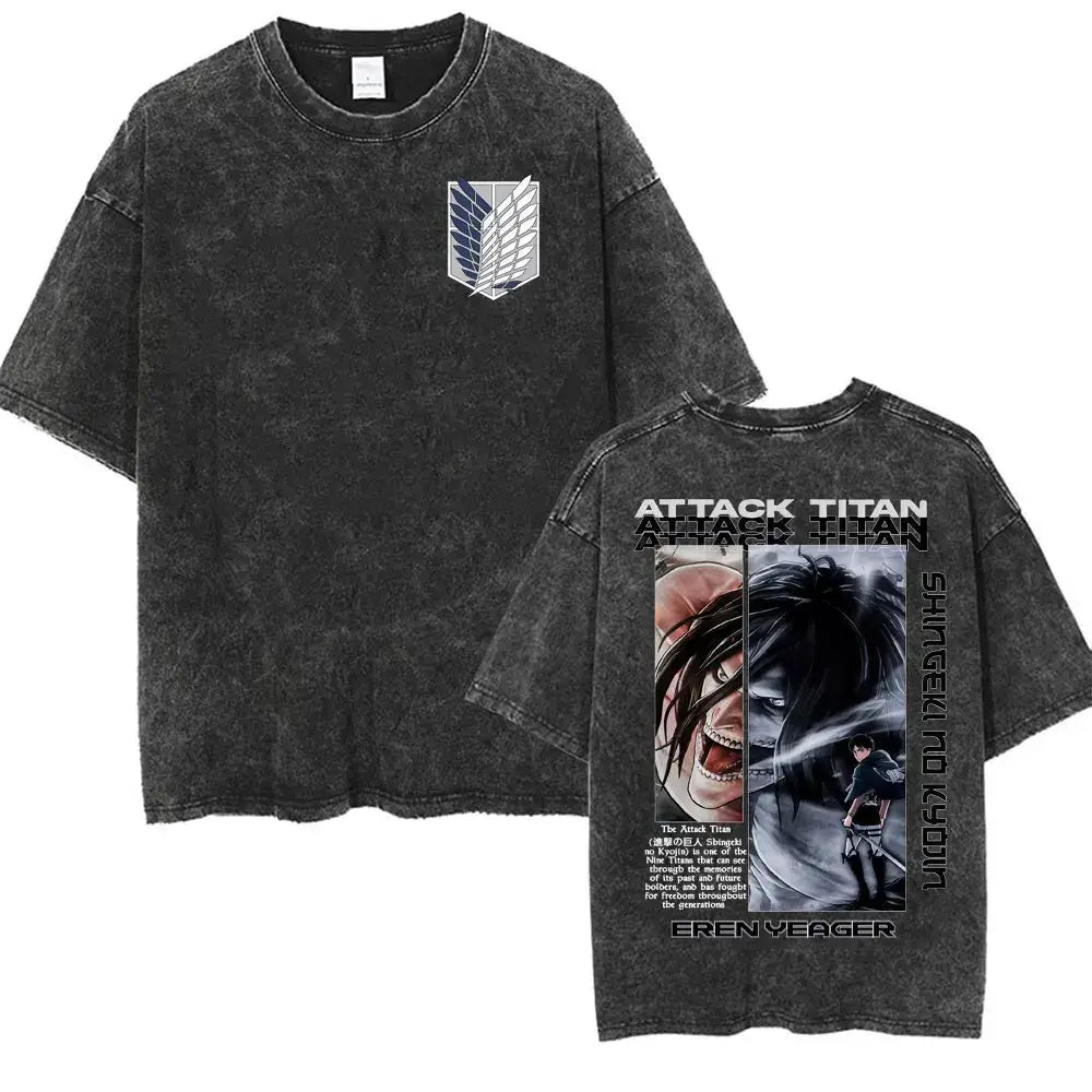 An oversized Attack on Titan Washed T-shirt featuring a vintage Levi Ackerman graphic, a stylish streetwear item for men and women.