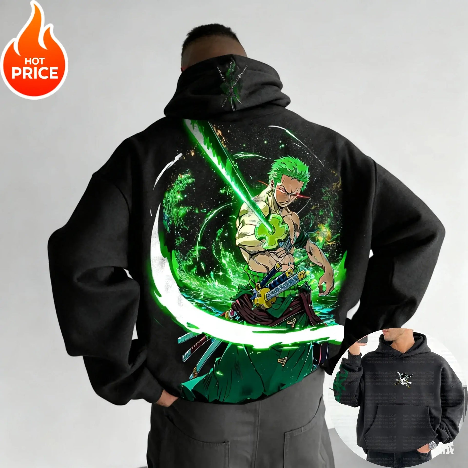 A vintage-style One Piece Zoro Hoodie featuring Roronoa Zoro graphic print, oversized fit for men and women, Y2K Harajuku streetwear aesthetic.