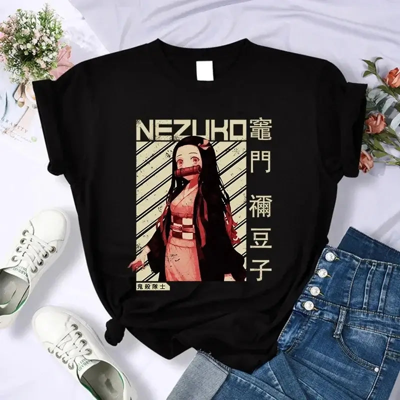 A Demon Slayer T Shirt for Women, a female Kimetsu No Yaiba graphic tee with a Nezuko and Tanjirou Kamado print.