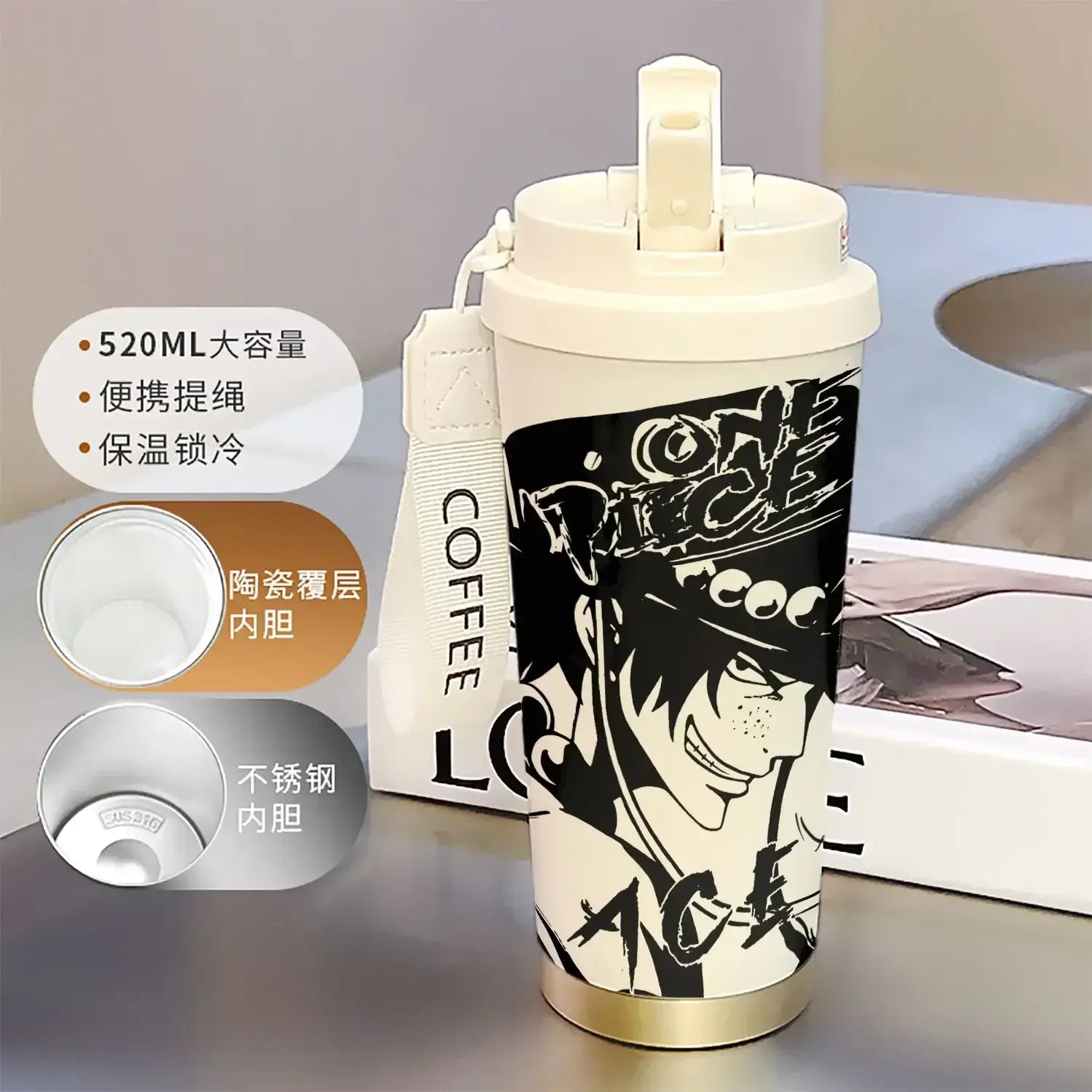 A 520ml One Piece Thermos Cup featuring anime figures Luffy and Zoro, designed as a large capacity coffee travel mug with a straw for outdoor sports.