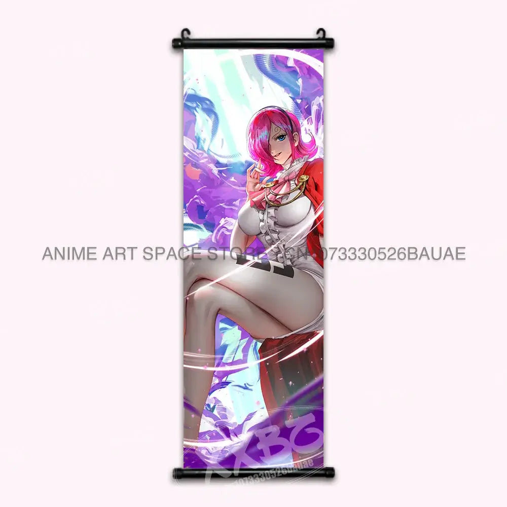 A vibrant One Piece Hanging Painting featuring anime characters Monkey D. Luffy, Portgas D. Ace, Sabo, and Shanks on a canvas scroll for home decor.