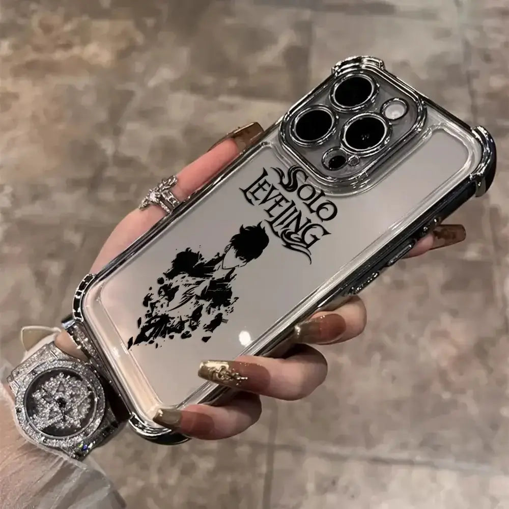 A luxury Solo Leveling Plating Case featuring Sung Jinwoo art with electroplated edges and anti-fall airbag corners for Apple iPhone 16 and 15.