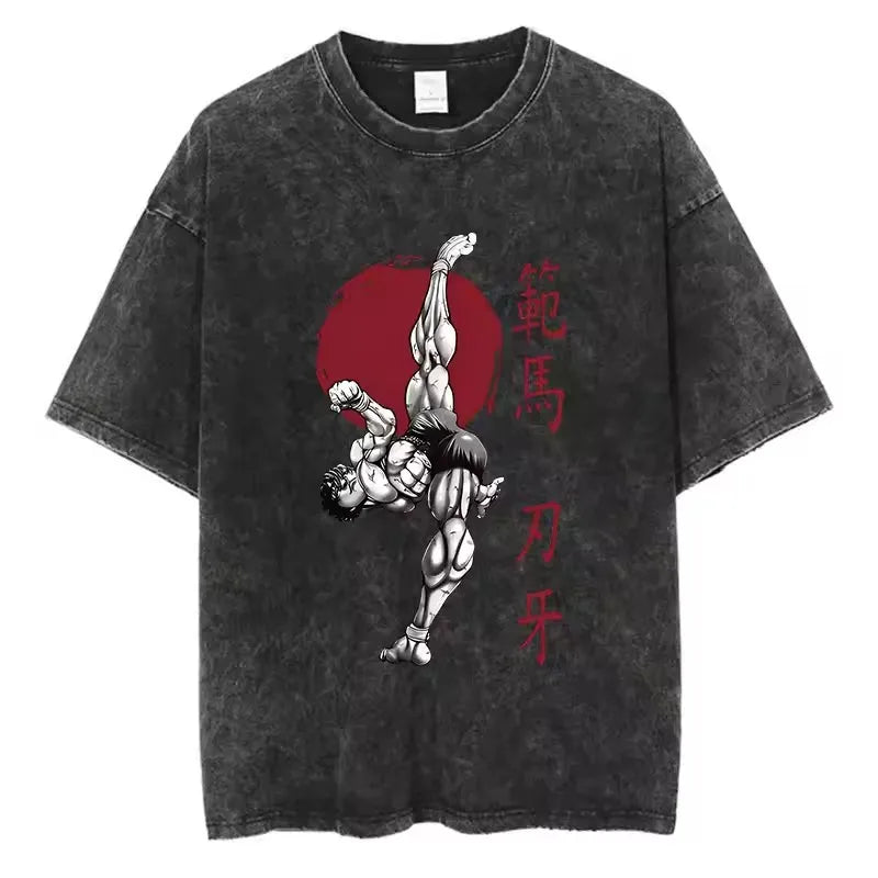 A high-quality pure cotton Baki Anime T-shirt featuring a graphic print of Baki Hanma, designed as a casual loose fit top for men and women.