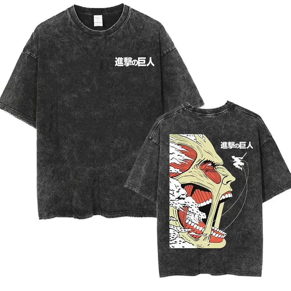 An oversized Attack on Titan Washed T-shirt featuring a vintage Levi Ackerman graphic, a stylish streetwear item for men and women.