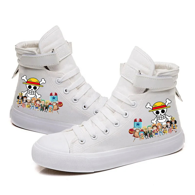 Trendy One Piece Luffy High Top Shoes featuring anime character art, designed as breathable non-slip leisure sports sneakers for students.