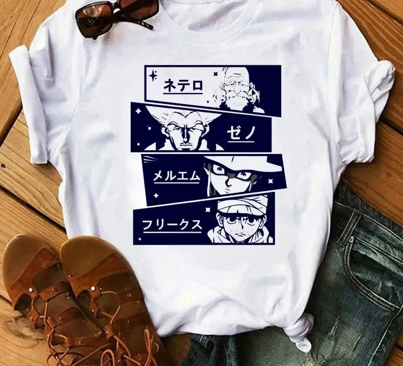 A woman wearing the casual vintage Japanese Anime Hunter X Hunter Graphic T Shirt.