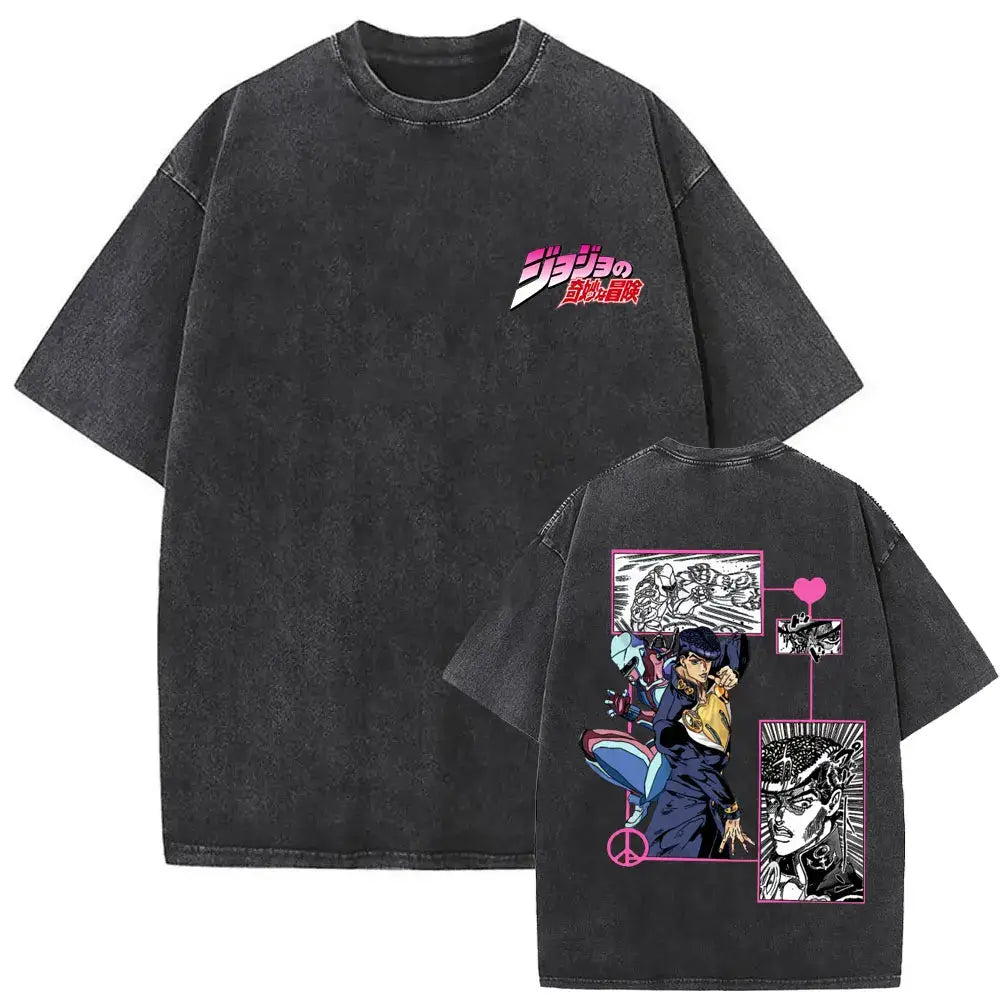 A washed Jojo Bizarre Adventure Vintage T-shirt featuring high-quality manga prints of Jotaro Kujo, Dio, and Giorno for men and women.