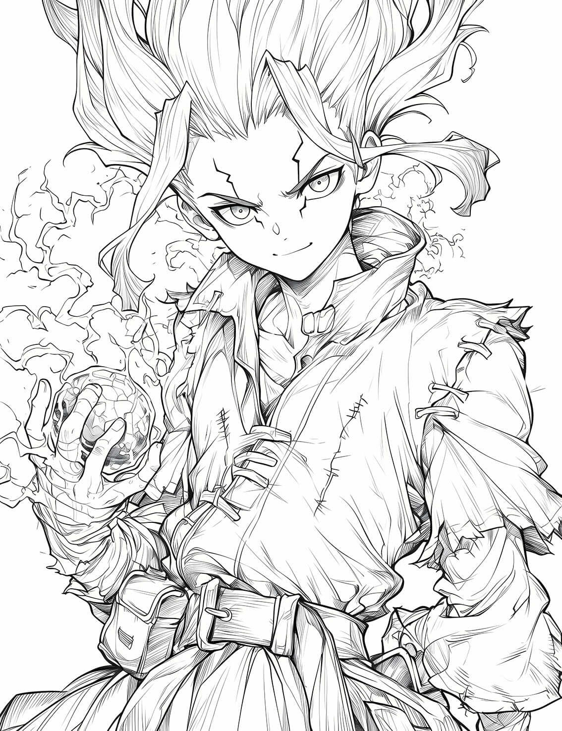 Detailed line art of a Senku Ishigami Dr. Stone coloring page, showing the main character smirking and holding a smoking sphere invention in his hand while wearing his Stone World clothes.
