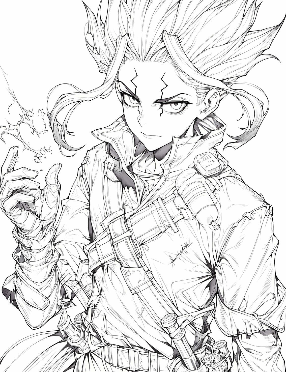 High-quality line art of a Senku Ishigami Dr. Stone coloring page, showing the scientist protagonist with his petrification scars and iconic hairstyle, holding a crackling element, in a detailed anime style.
