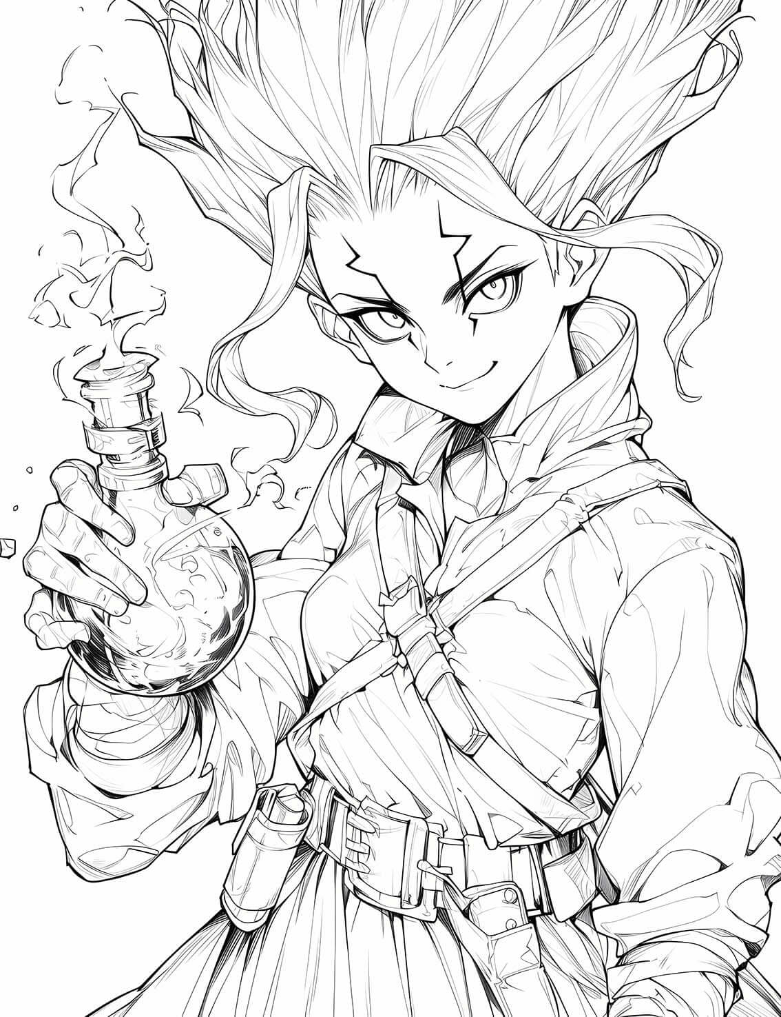 Detailed line art of a Senku Ishigami Dr. Stone coloring page, showing the main character with a confident smirk, holding a smoking science flask in his hand while wearing his Stone World attire.