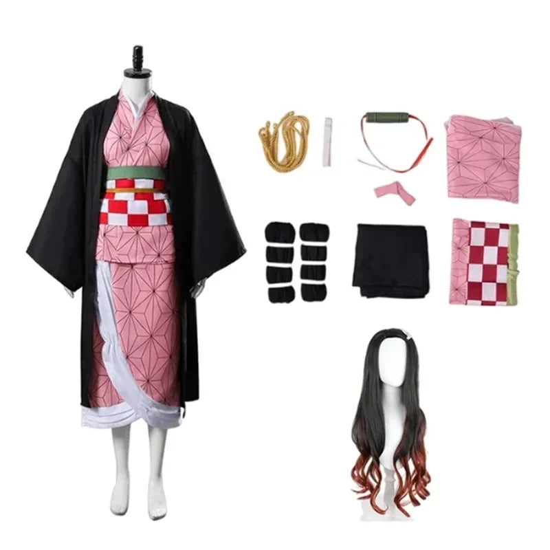 Nezuko Kamado Cosplay Costume: Adult Demon Slayer kimono set with accessories including wig and obi.