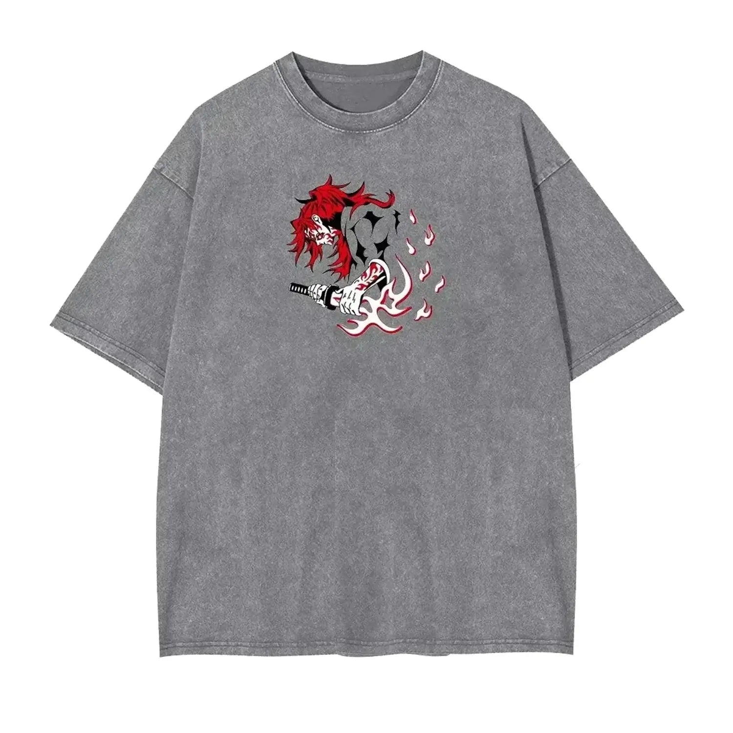 A vintage washed Harajuku Anime Demon Slayer Graphic T-shirt Kokushibo in an oversized hip hop streetwear style for men and women.