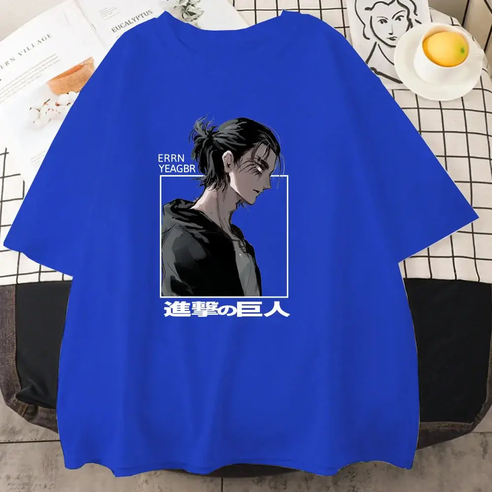 A cool street style Eren Jaeger T-Shirt with a graphic print from Attack on Titan for men and women.
