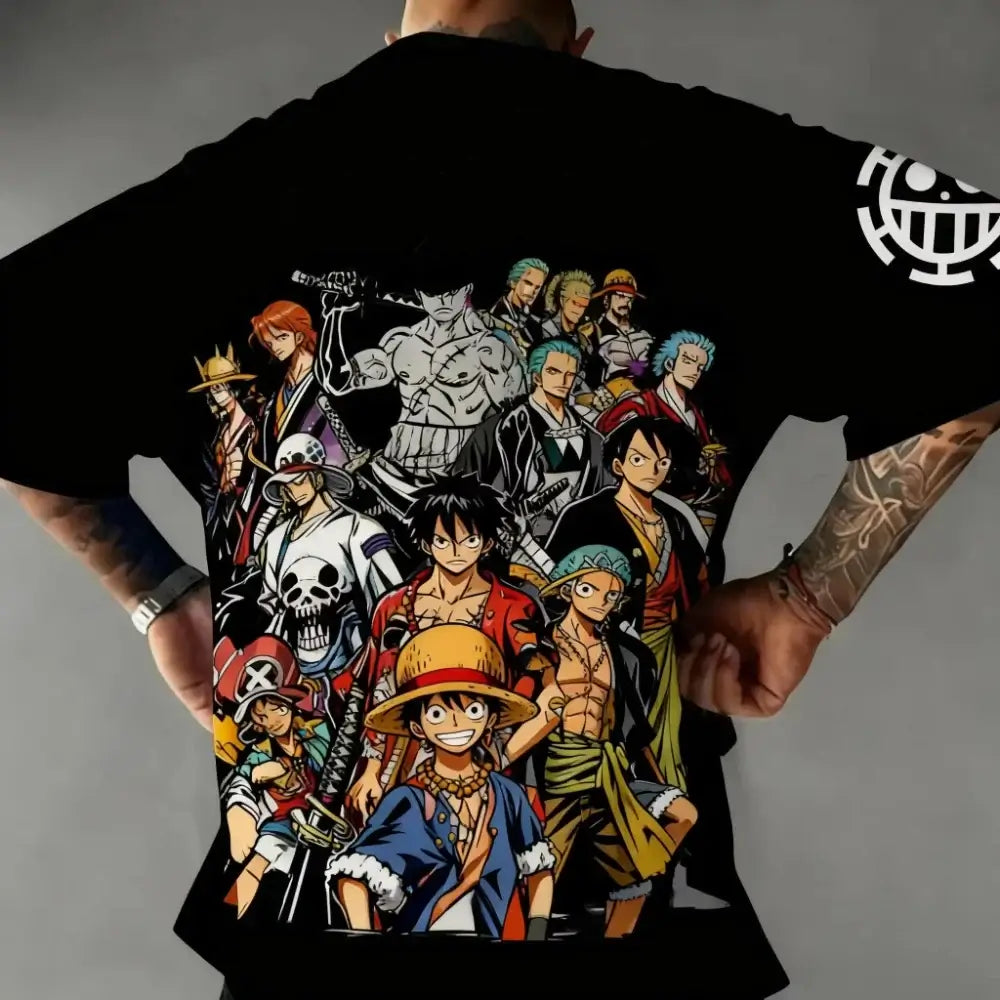 A trendy 2026 MINISO One Piece TShirt made of soft cotton, featuring a graphic print of Luffy, Zoro, and Sanji for men and women.