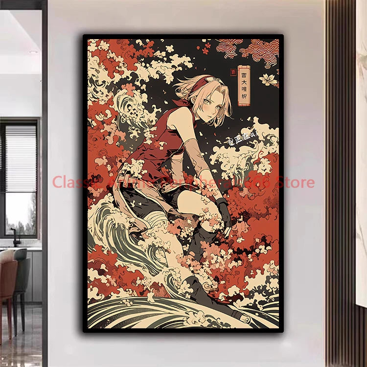 A traditional Ukiyo-e style Naruto Poster canvas painting featuring Akatsuki members Itachi and Sasuke for aesthetic home decor.