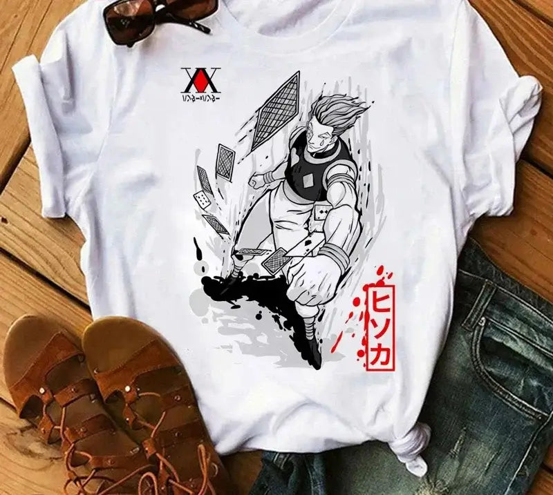 A woman wearing the casual vintage Japanese Anime Hunter X Hunter Graphic T Shirt.