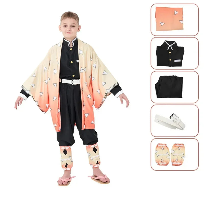 A high-quality Kids Demon Slayer Costume featuring the green checkered Tanjiro Haori and yellow Zenitsu cloak for children's dress-up.