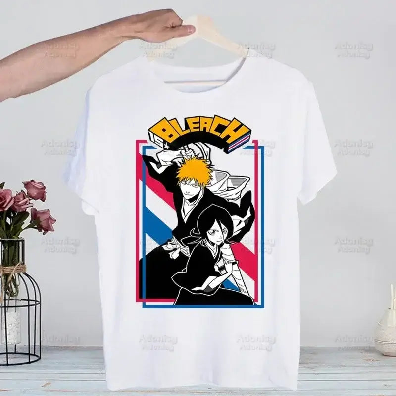 A men's Bleach Kurosaki Ichigo T-shirt in a funny Harajuku hip hop streetwear style for summer.