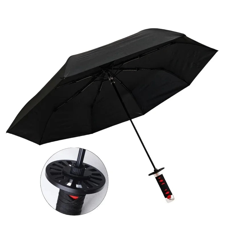 A black Tanjiro Katana Umbrella featuring a replica Nichirin sword handle and UV blocking canopy, inspired by the Demon Slayer anime.