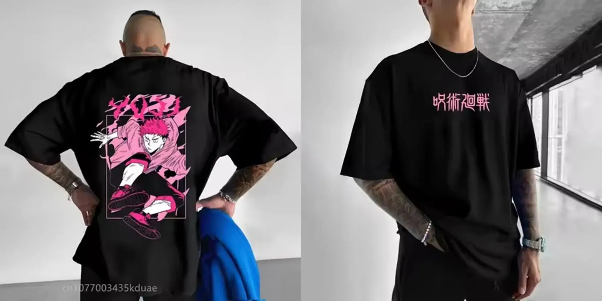 A black Jujutsu Kaisen T-Shirt for men featuring a high-definition anime graphic print, styled for casual streetwear.