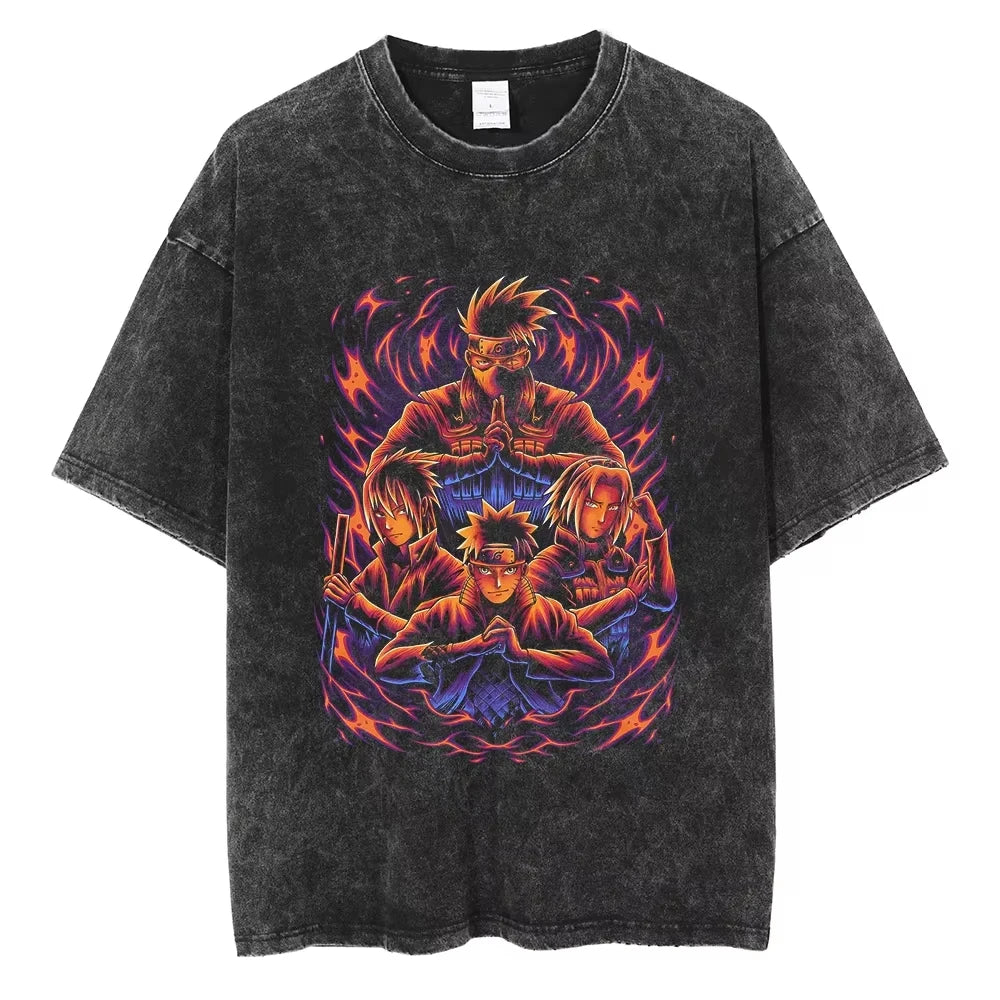 A washed black Naruto Vintage T-Shirt featuring a hip hop style anime print, designed as Harajuku streetwear for men and women.