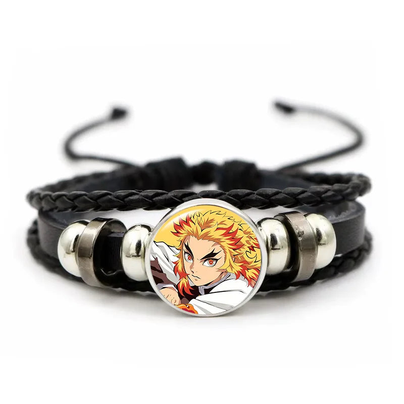 A woven leather Demon Slayer Bracelet featuring a glass art photo charm of Tanjiro Kamado and Nezuko, designed as an anime accessory for fans.