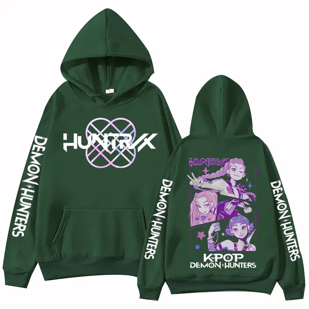 A unisex Autumn Anime Demon Hunters Hoodie in a Y2K Harajuku hip hop style, designed as alphabet sportswear.