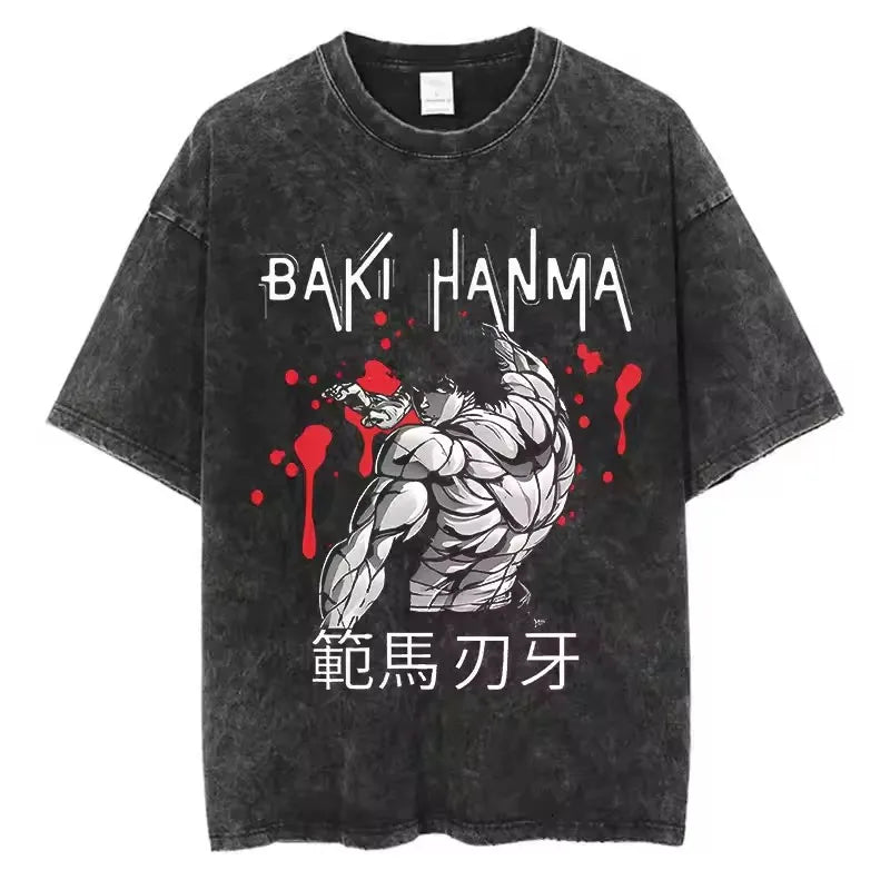A high-quality pure cotton Baki Anime T-shirt featuring a graphic print of Baki Hanma, designed as a casual loose fit top for men and women.