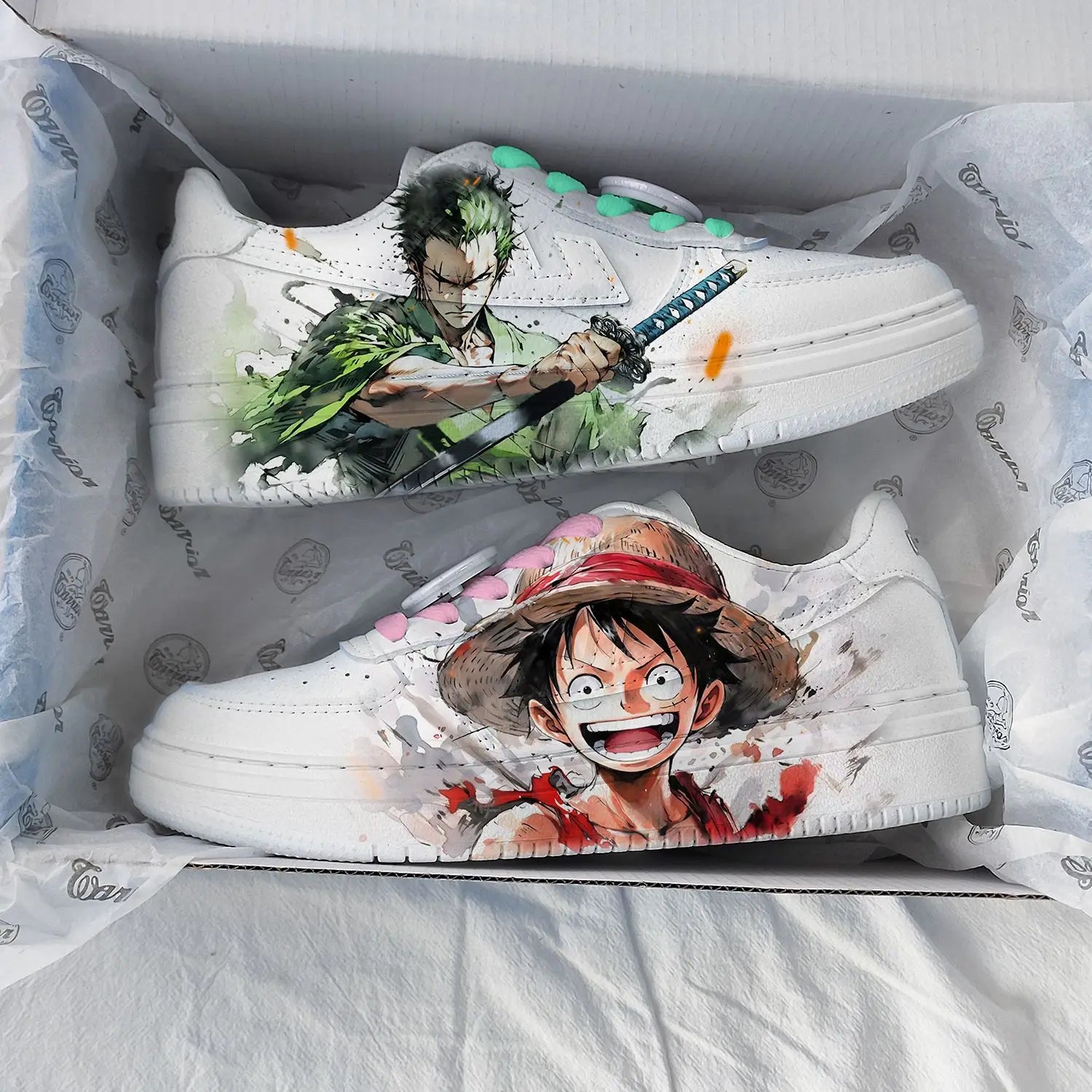 Trendy Roronoa Zoro Shoes featuring a green two-dimensional anime design, lightweight low-top sneakers for boys and men.