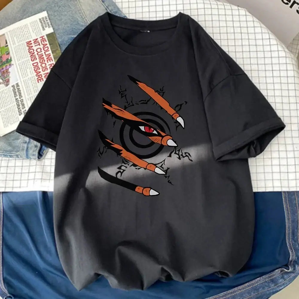 A black Naruto Graphic T-Shirt featuring a 3D effect of the Nine-Tails Kurama claws tearing through the fabric to reveal the seal and red eye.