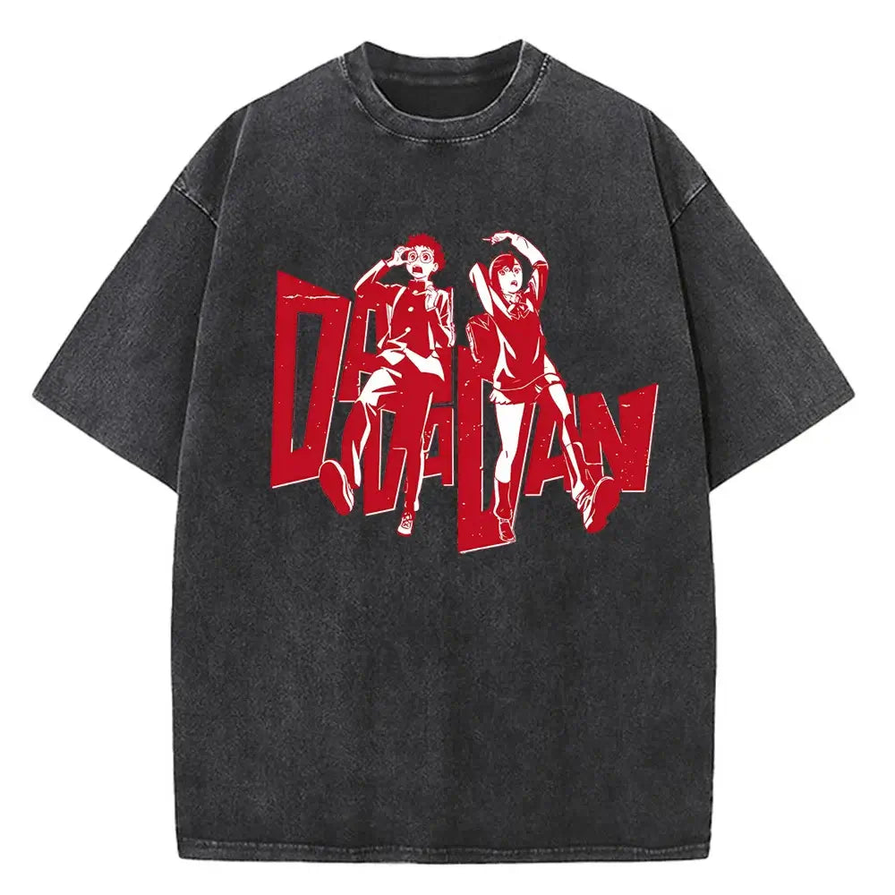 A high-quality cotton men's Dandadan Okarun T-shirt with a Japanese anime cartoon print and aesthetic fashion design.