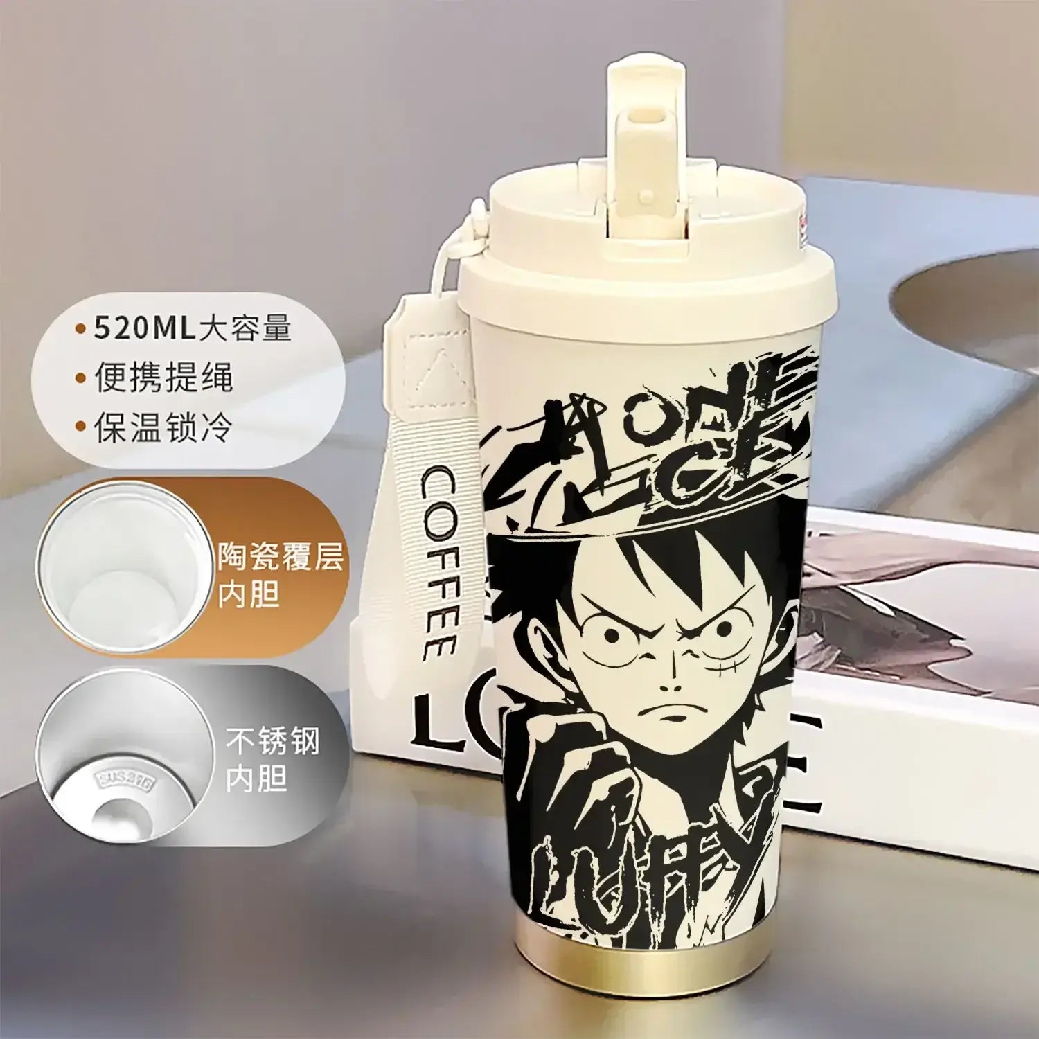 A 520ml One Piece Thermos Cup featuring anime figures Luffy and Zoro, designed as a large capacity coffee travel mug with a straw for outdoor sports.