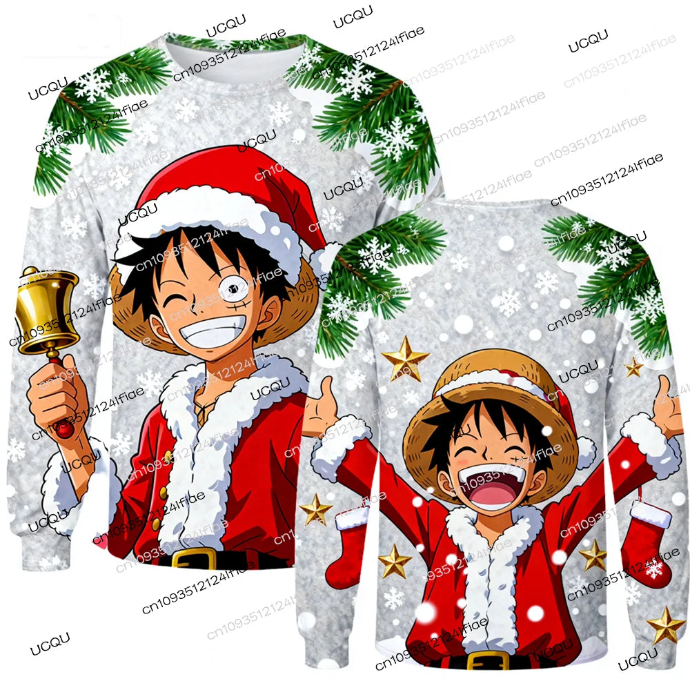 A festive Luffy Christmas Long Sleeve t-shirt featuring One Piece anime art, designed as a holiday gift for men, women, and kids.