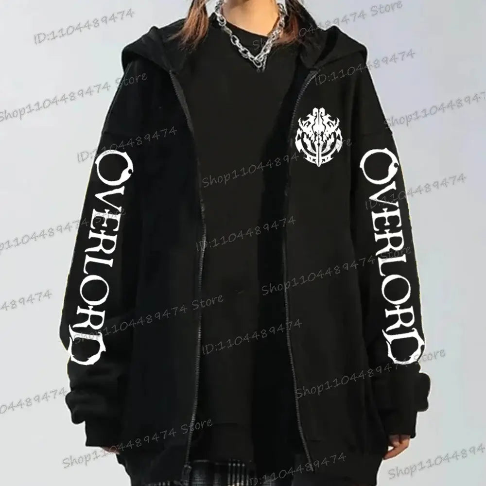 A unisex Japan Anime Overlord Horror Skull Hooded Shirt with a zip-up front, featuring a horror skull print in a Harajuku streetwear style.