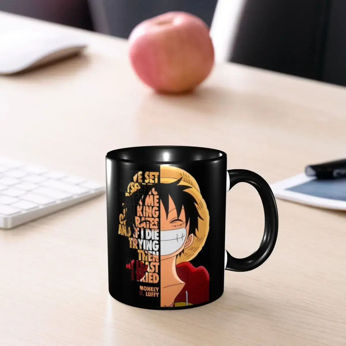 A ceramic Monkey D Luffy Quotes One Piece Mug featuring funny anime text and pirate character art, designed as a durable present for kids.