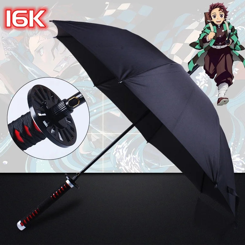 A black Tanjiro Katana Umbrella featuring a replica Nichirin sword handle and UV blocking canopy, inspired by the Demon Slayer anime.