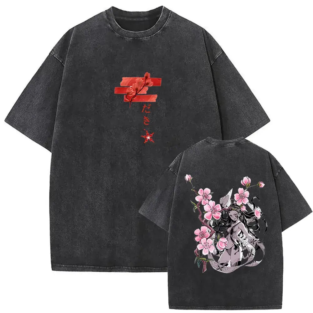 A vintage washed Demon Slayer Daki Graphic T-shirt with a cherry blossom design, an oversized casual cotton tee for men and women.