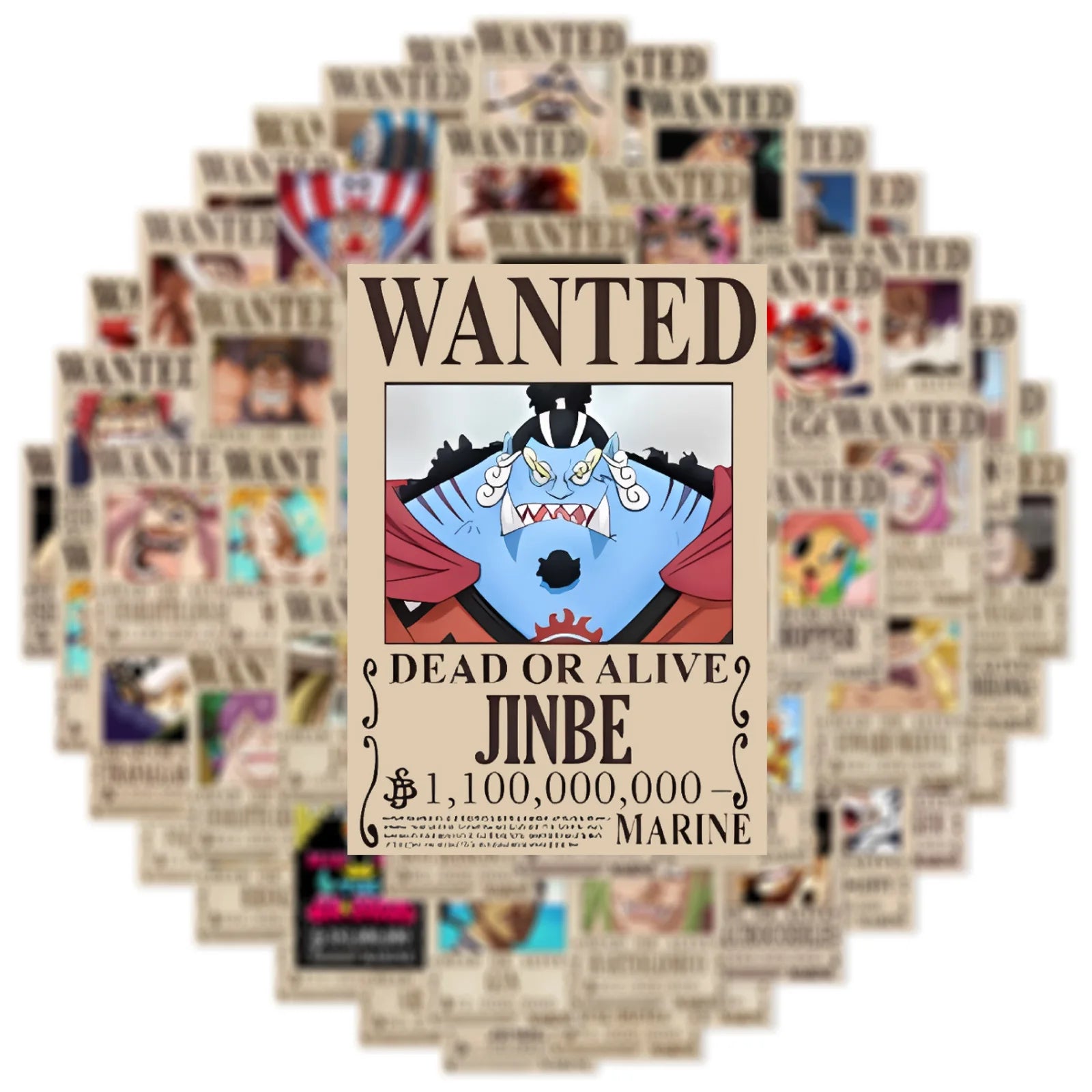 A pack of 50 One Piece Wanted Posters stickers and cool graffiti decals featuring Luffy and the Straw Hat crew, applied to a laptop and suitcase.