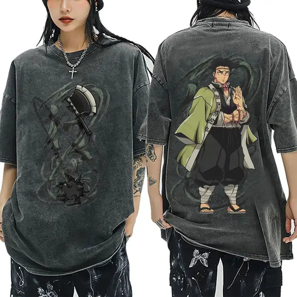A washed black Demon Slayer Vintage T-Shirt made of 100% cotton, featuring an oversized cartoon anime graphic for men and women.