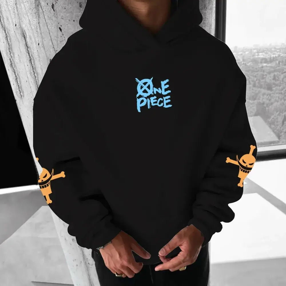 A trendy Portgas D. Ace Hoodie featuring Fire Fist anime graphics, designed as One Piece hip hop streetwear for men, boys, and children.