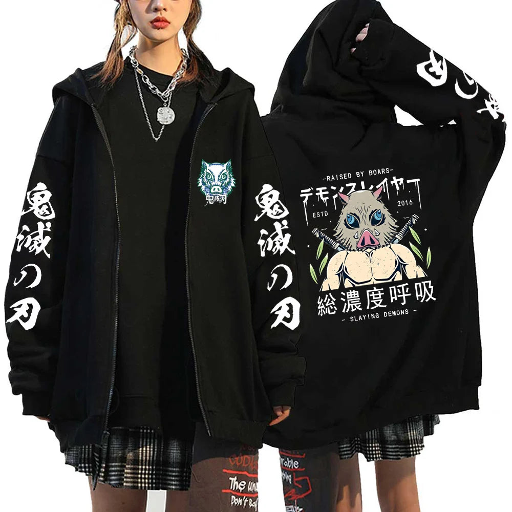 A Y2K style Demon Slayer Zip Up Hoodie featuring a Nezuko Kamado graphic, unisex hip hop streetwear for men and women.