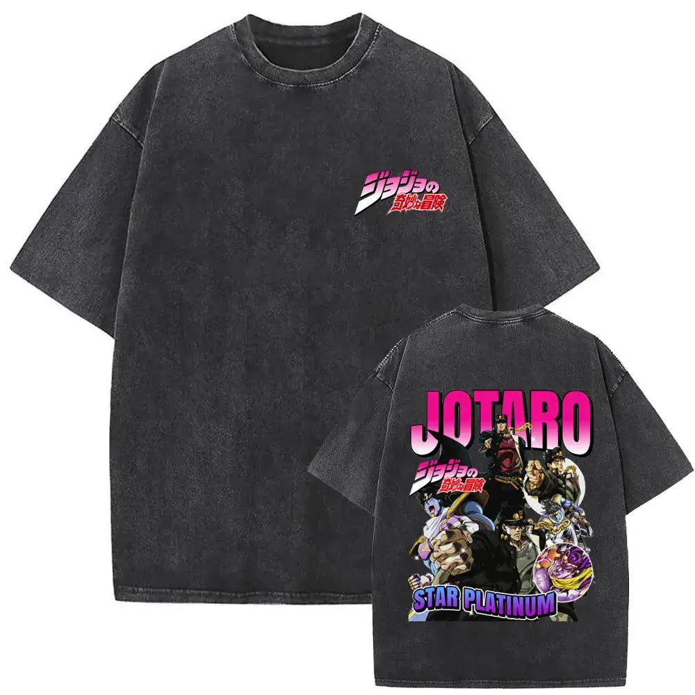A washed Jojo Bizarre Adventure Vintage T-shirt featuring high-quality manga prints of Jotaro Kujo, Dio, and Giorno for men and women.